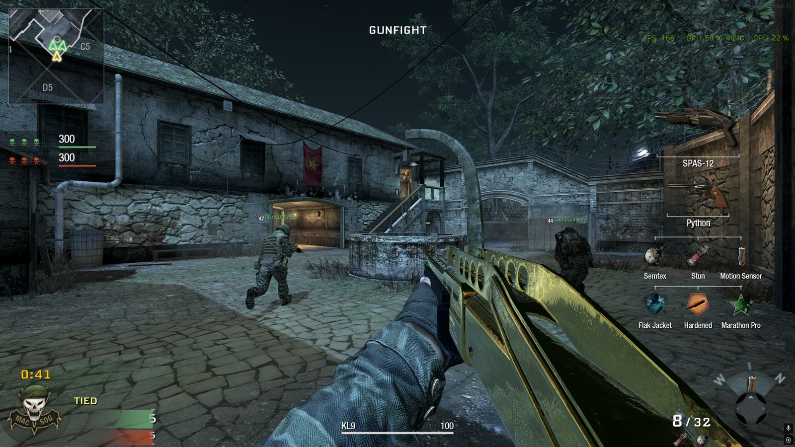A live Gunfight round on Nuketown with dual Python revolvers and the team-health HUD