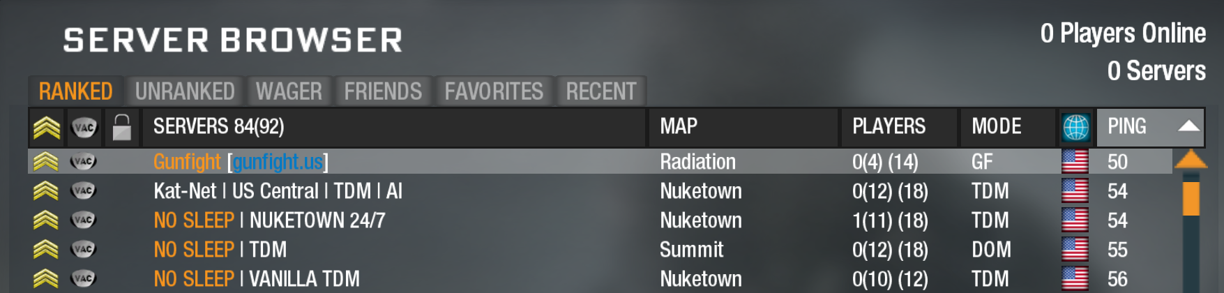 The Server Browser with Gunfight [gunfight.us] in the Ranked tab