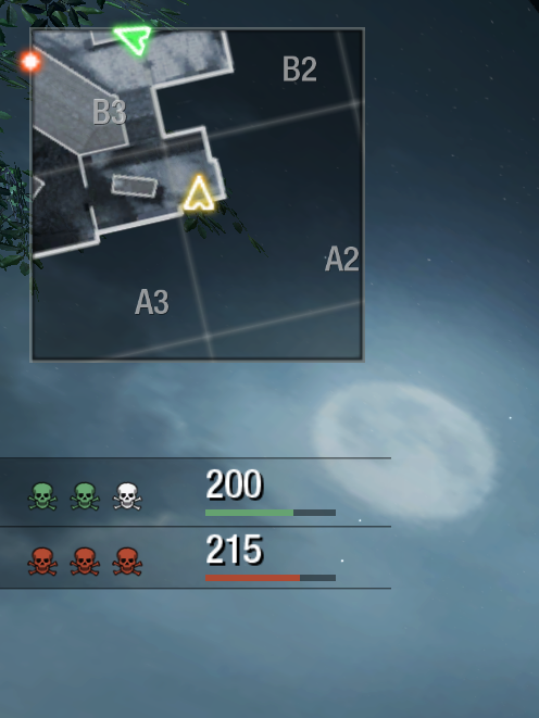 The team-health HUD showing remaining health with the minimap