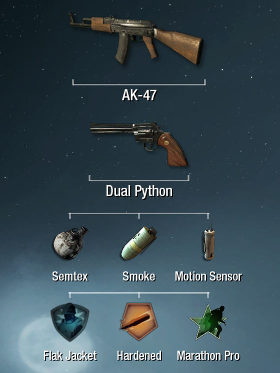 The shared Gunfight loadout of primary, secondary, lethal, tactical, and three perks
